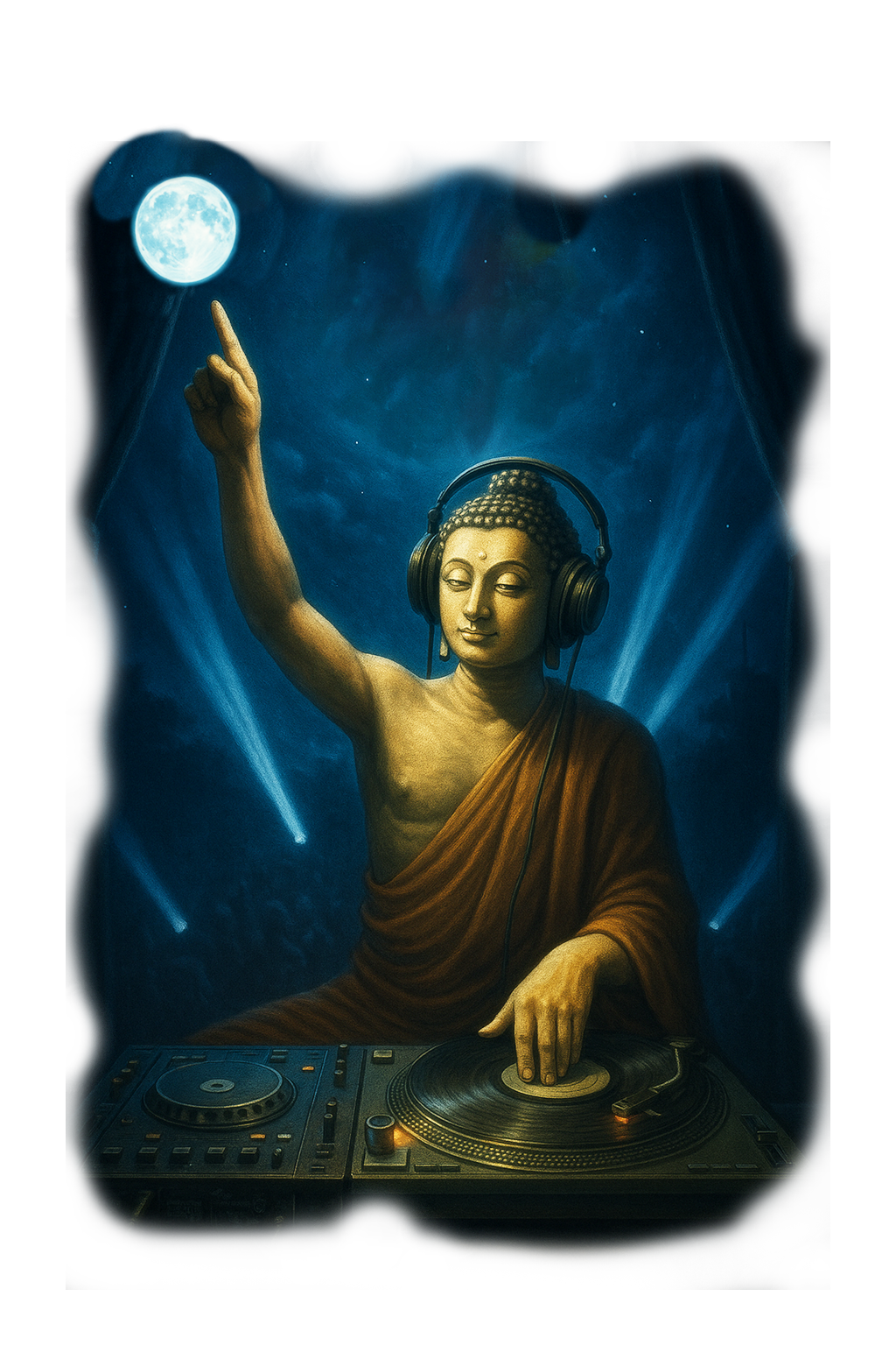 Buda DJ señalando la luna y haciendo scratch